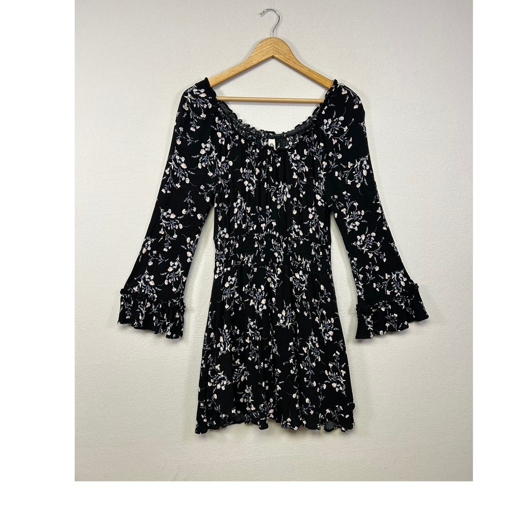 Fairycore‎ American Rag Womens XS Black Rayon Floral Smocked Bell Sleeve Dress